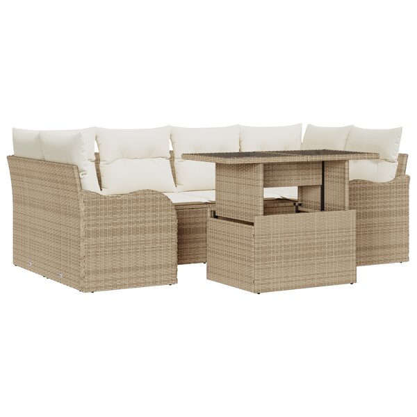 Ensemble de Canapés de Jardin 7 Pièces avec Coussins Beige en Rattan Poly