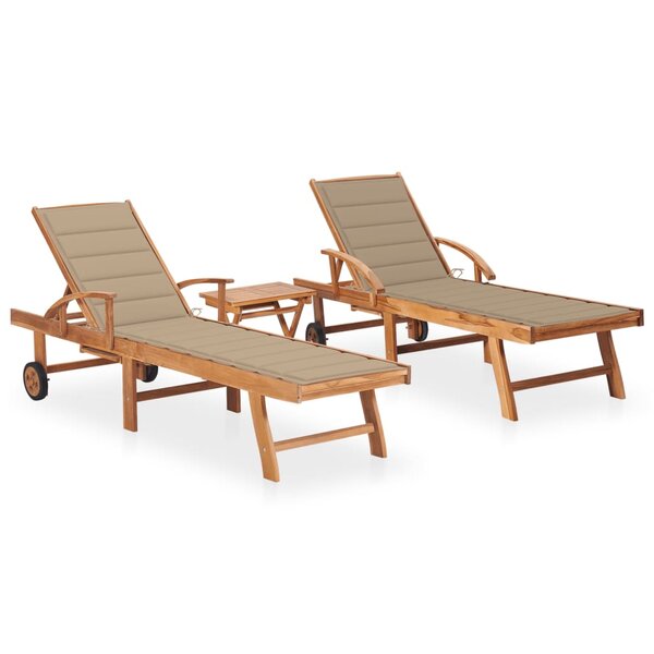 vidaXL Chaises longues lot de 2 avec table et coussin Bois teck solide