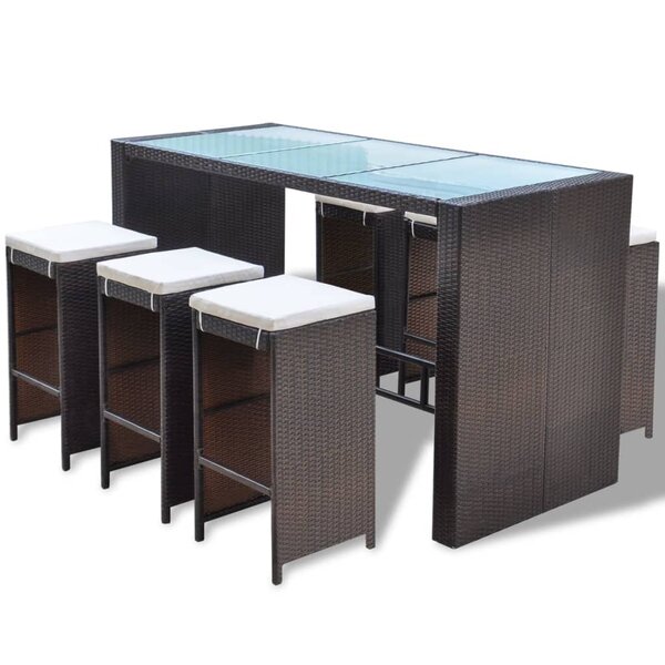 vidaXL Ensemble de bar de jardin 7 Pièces coussins Résine tressée Marron