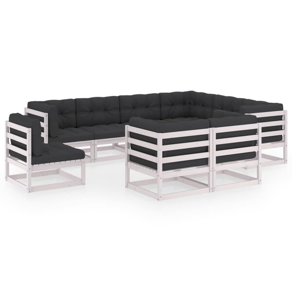 vidaXL Salon de jardin 9 Pièces avec coussins Blanc Bois de pin massif