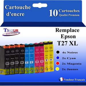 T3AZUR - 10x Cartouches Compatibles avec pson T2711 / T2712 / T2713 / T2714 (27XL)