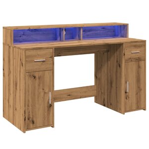Bureau table poste de travail meuble d'ordinateur informatique étude avec lumières LED chêne artisanal bois d'ingénierie brun 02_0023417