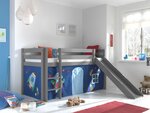 Lit Enfant Surélevé Avec Toboggan Pino 90x200cm Gris + Rideau de lit Space