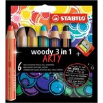 Etui carton x 6 crayons multi-talents STABILO woody 3in1 ARTY + 1 taille-crayon