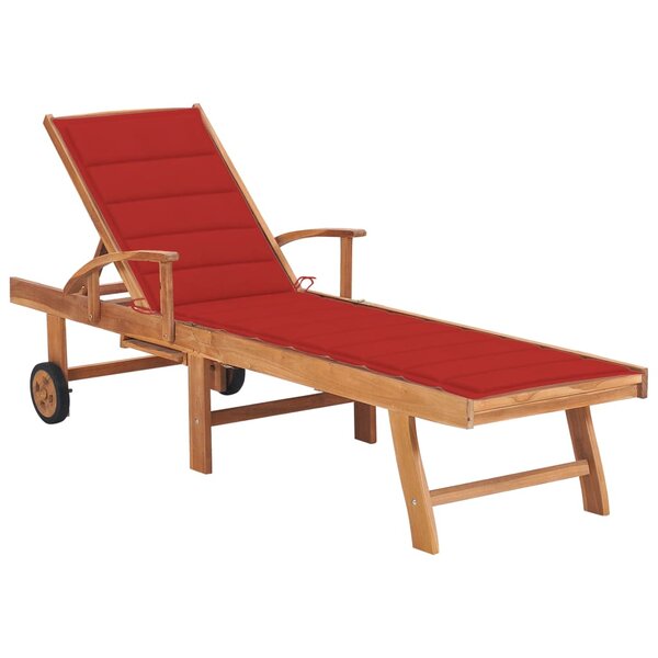 vidaXL Chaise longue avec coussin rouge Bois de teck solide
