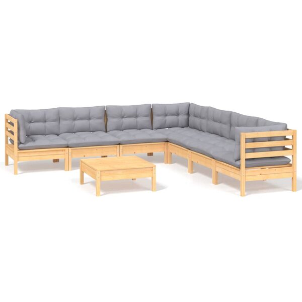 vidaXL Salon de jardin 8 Pièces avec coussins gris Bois de pin massif
