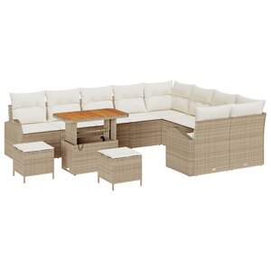 Ensemble de Canapés de Jardin de 12 Pièces avec Coussins Beige Poly Rattan Acacia