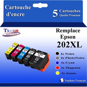 T3AZUR- 5 Cartouches Compatibles avec Epson 202 202XL pour Epson Expression Premium XP-6000 XP-6005 XP-6100 XP-6105