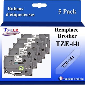 5x Rubans d'étiqueteuses compatibles avec Brother Tze141 Tze-141 pour étiqueteuses P-touch - Texte noir sur fond transparent - Largeur 18 mm x 8 mètres