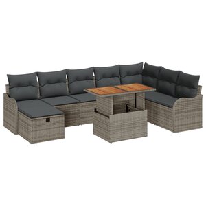 vidaXL Ensemble de Canapé de Jardin 9 Pièces avec Coussins Gris Poly Rattan