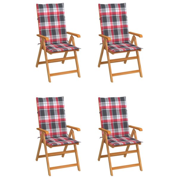 vidaXL Chaises de jardin lot de 4 et coussins à carreaux rouge Teck