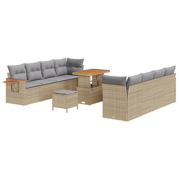 Ensemble de Canapés de Jardin 11 Pièces avec Coussins Beige Poly Rattan Acacia