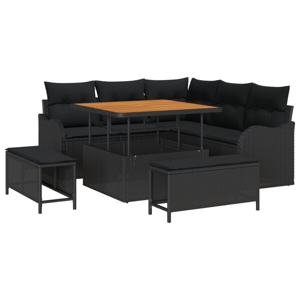 Ensemble de canapés de jardin 8 pièces avec coussins rotin poly noir acacia