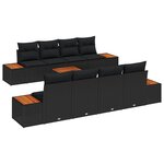 Ensemble de canapé 9 pièces jardin noir poly rotin acacia avec coussins