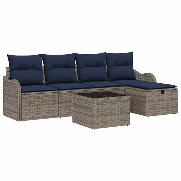 vidaXL Ensemble de canapé de jardin 6 Pièces Gris et marine polyrotin