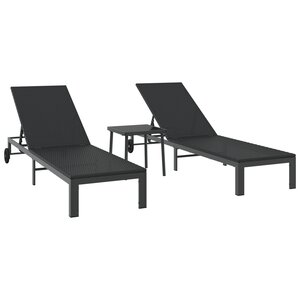 vidaXL Chaises longues 2 Pièces avec roues et table Noir Poly Rattan