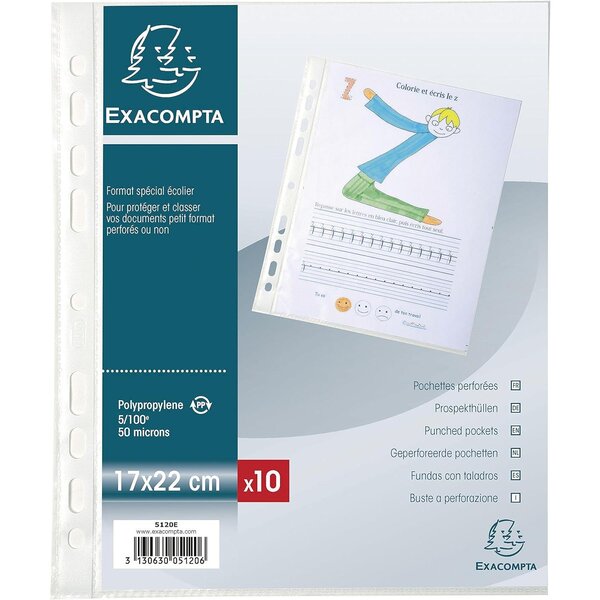 Sachet de 10 pochettes perforées polypropylène grainé format écolier 17x22cm x 10 EXACOMPTA