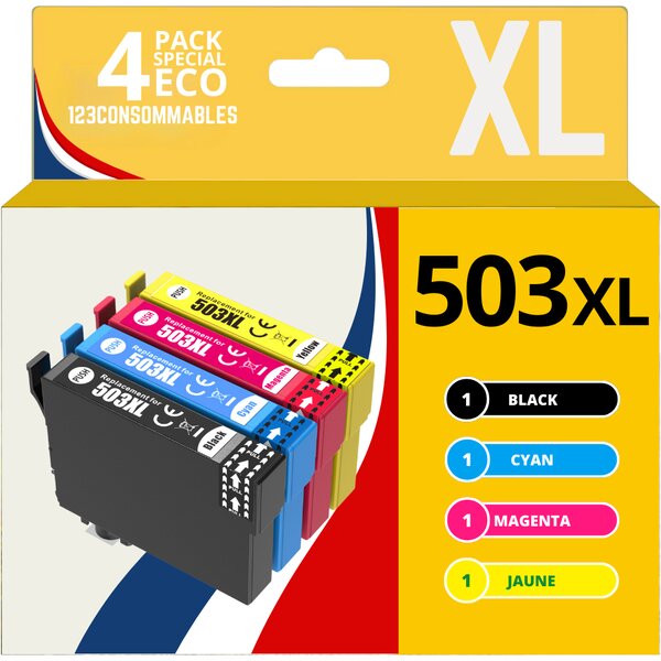 123CONSOMMABLES - 503XL -  Cartouches d'encre Compatible pour Epson 503 XL pour Epson Expression Home XP-5200 XP-5205 Workforce WF-2960DWF WF-2965DWF (Pack de 4)