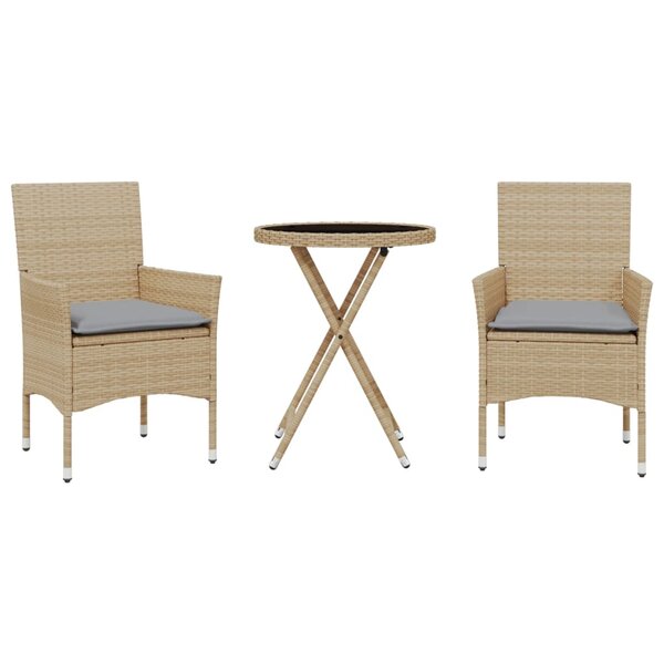 vidaXL Ensemble de bistro avec coussins 3 Pièces beige rotin et verre