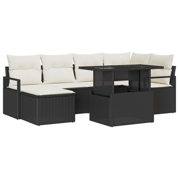Ensemble de Canapés de Jardin 7 Pièces avec Coussins Noir Rattan Poly