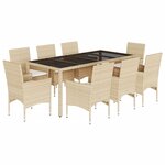 vidaXL Ensemble à manger de jardin et coussins 9 Pièces beige rotin verre