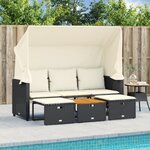 vidaXL Canapé de jardin 3 places avec auvent et tabourets noir rotin