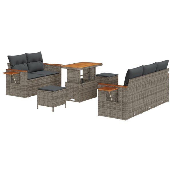Ensemble de canapé de jardin 8 pièces avec coussins gris poly rotin acacia