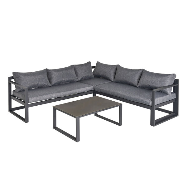 Ensemble salon de jardin d'angle design contemporain style yachting 5 places coussins table basse inclus banquette 3 places réglable alu. gris