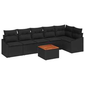 vidaXL Ensemble de canapé de jardin 7 pièces avec coussins noirs en poly rotin et acacia