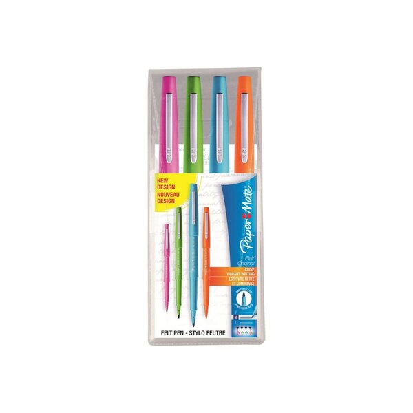 Flair Original - Stylo feutre à capuchon pointe moyenne 1 mm - Pochette 4 couleurs (Bleu, Orange, Rose, Vert) (boîte 4 unités)