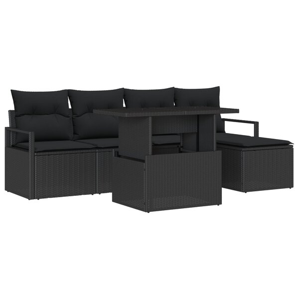 Ensemble de Canapés de Jardin 6 Pièces avec Coussins Noir Rattan Poly