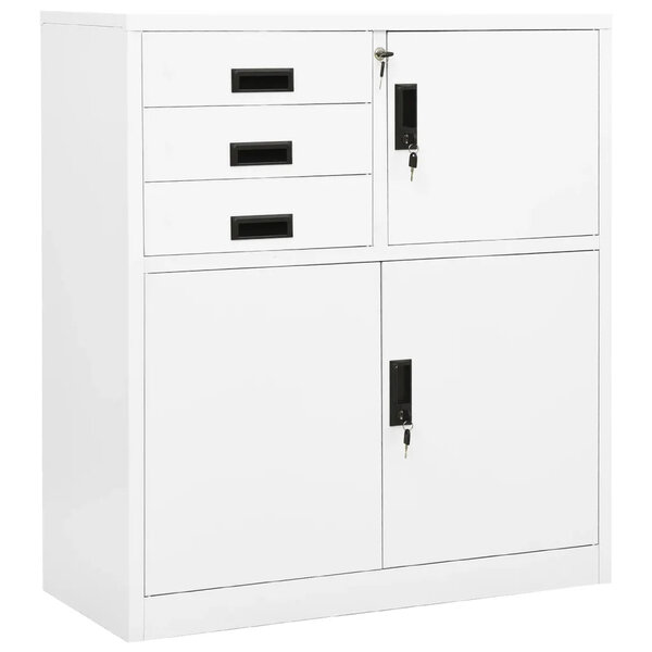 Armoire de bureau blanche 90 x 40 x 102 cm avec étagère réglable et 3 tiroirs design moderne en acier blanc 02_0046903