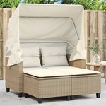 vidaXL Canapé de jardin 2 places avec auvent et tabourets beige rotin