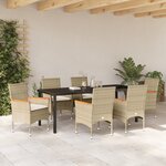 Ensemble de salle à manger de jardin 7 pièces avec coussins en poly rotin beige