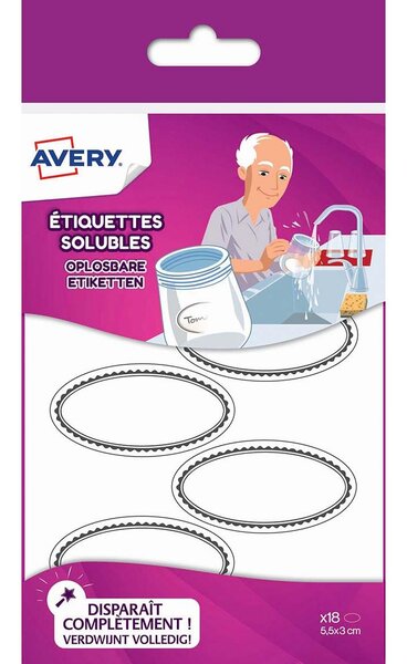 Sachet de 18 étiquettes solubles ovales blanches avec bordure grise - 55 x 29 mm avery