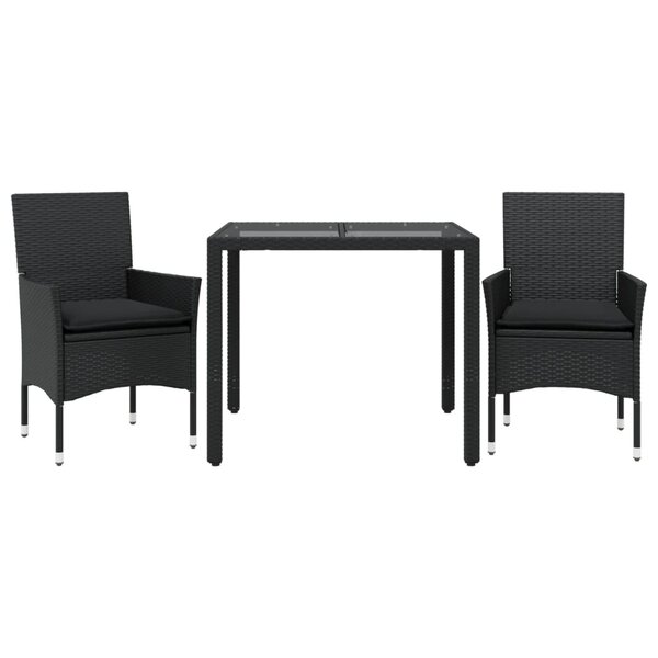 vidaXL Ensemble à manger de jardin et coussins 3 Pièces noir rotin verre