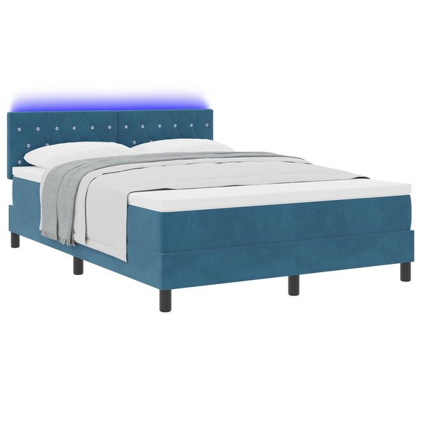 Lit Box Spring vidaXL avec Matelas & LED Bleu Foncé 140x190 cm Velours