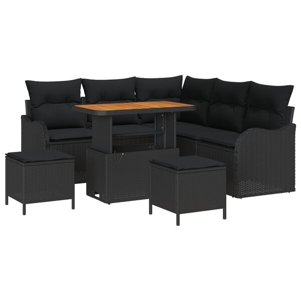 Ensemble de 8 pièces de canapé de jardin avec coussins en rotin poly noir acacia