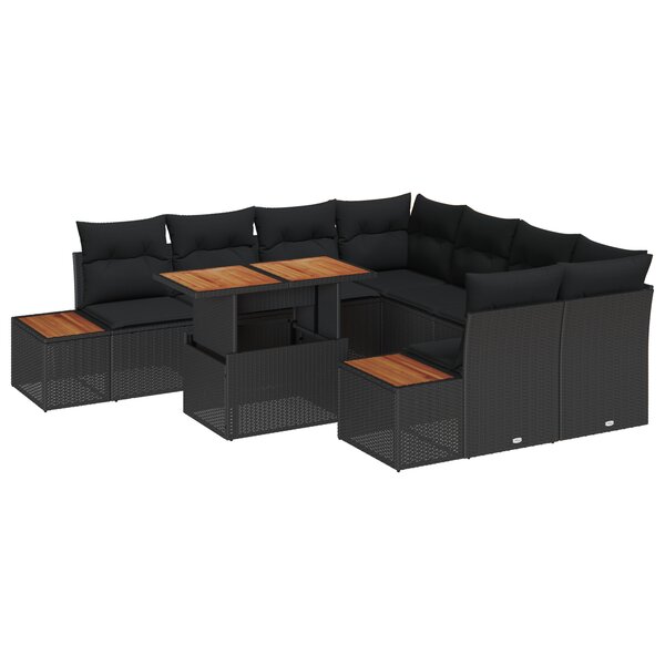 vidaXL Ensemble de salle à manger de jardin 9 pièces avec coussins noir en rattan poly acacia