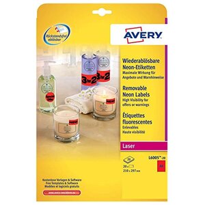 Étiquettes d'identification enlevables couleur l6005, 210 x 297 mm - 20 feuilles, 1 étiquette a4 par feuilles - rouge fluorescent (paquet 20 feuilles)