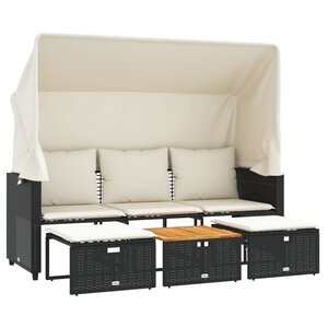 vidaXL Canapé de jardin 3 places avec auvent et tabourets noir rotin