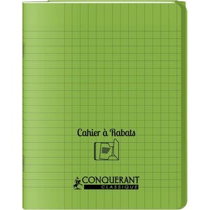 Cahier 48 pages seyès 90 g avec couverture polypropylène vert 3 rabats  format 17 x 22 cm CONQUERANT