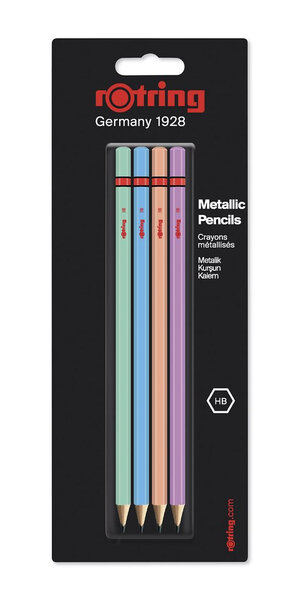 rOtring  Set de 4 Crayons en bois Métalliques HB : Vert  Bleu  Orange et Rose