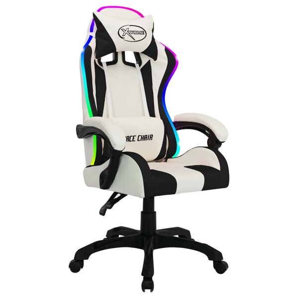Chaise fauteuil siège pivotante de bureau informatique étude de jeux vidéo avec LED RVB et similicuir multicolore 02_0024198