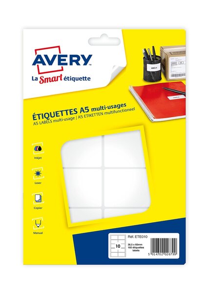 Sachet de 160 étiquettes multi-usage blanches 38,5 x 65 mm sur planche a5 avery