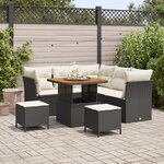 Ensemble de canapé de jardin 8 pièces avec coussins en poly rotin noir et acacia