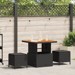 Ensemble de salle à manger de jardin 3 pièces avec coussins en poly rotin noir et acacia