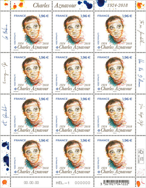 Feuille 12 timbres - Charles Aznavour (1924 - 2018) - Lettre Internationale
