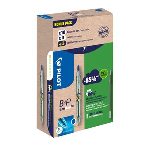 Pack de 10 stylos bille b2p ecoball pilot + 10 recharges dont 5 offertes - bleu