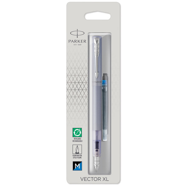 Parker vector xl stylo plume  laque bleu-argent métallisée sur laiton  plume moyenne  encre bleue  blister